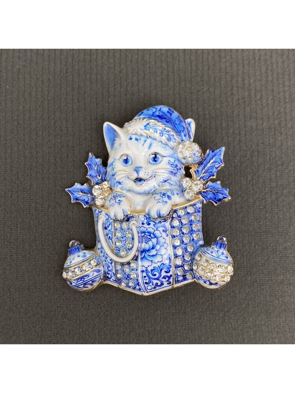 Blue and White Cat in Gift Bag Holiday Brooch Rhinestones